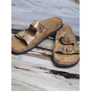 Rouge Helium Womens Metallic Gold Double Buckle Cork Slide Sandals Size 11